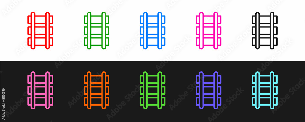 设置线路玩具铁路，铁路轨道图标隔离在黑白背景上。矢量