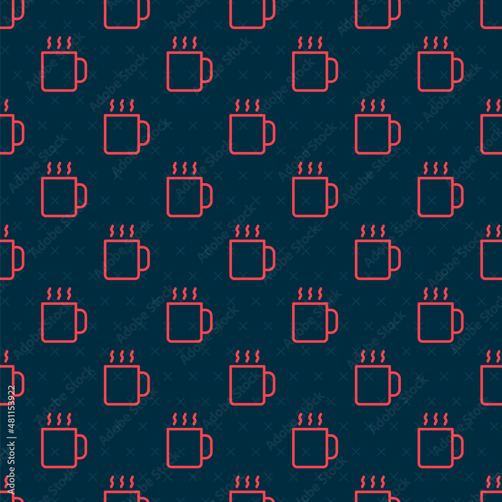 Red line Cup of tea icon isolated seamless pattern on black background. Vector