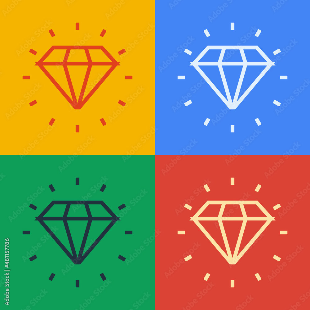 Pop art line Diamond icon isolated on color background. Jewelry symbol. Gem stone. Vector