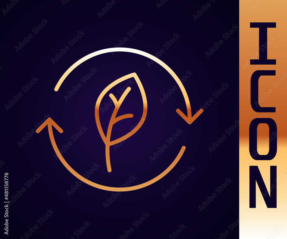 Gold line Recycle symbol with leaf icon isolated on black background. Circular arrow icon. Environme