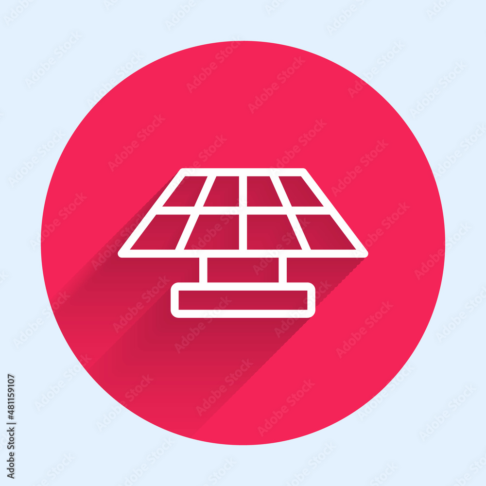 White line Solar energy panel icon isolated with long shadow background. Red circle button. Vector