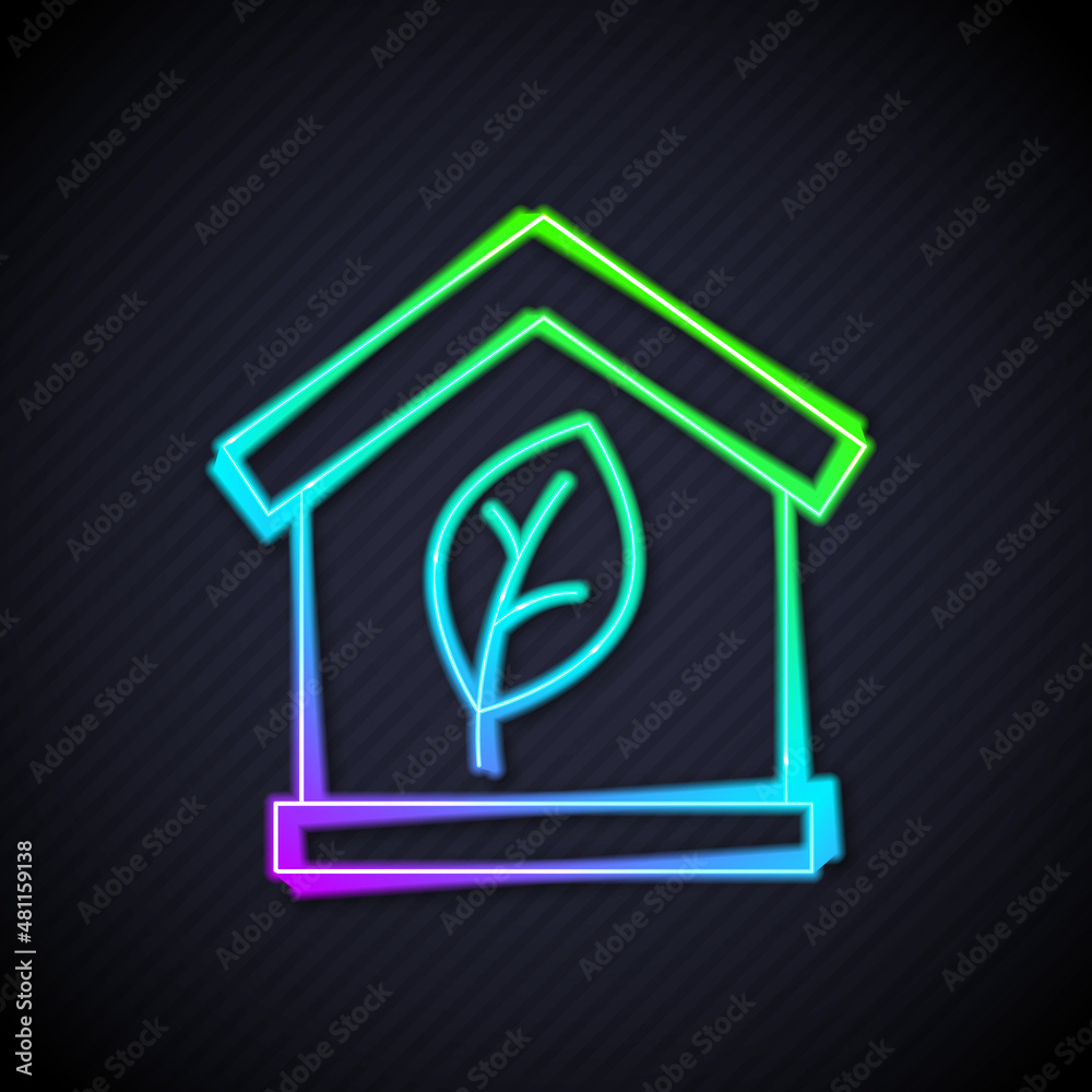 Glowing neon line Eco friendly house icon isolated on black background. Eco house with leaf. Vector