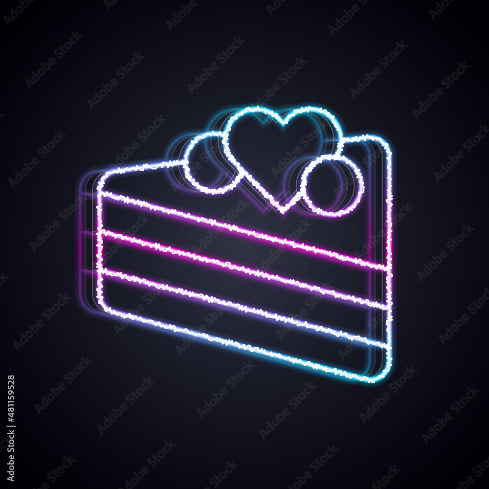 Glowing neon line Wedding cake with heart icon isolated on black background. Happy Valentines day. V