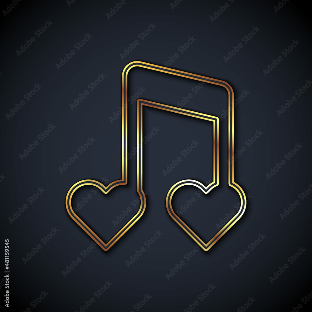 Gold line Music note, tone with hearts icon isolated on black background. Happy Valentines day. Vect