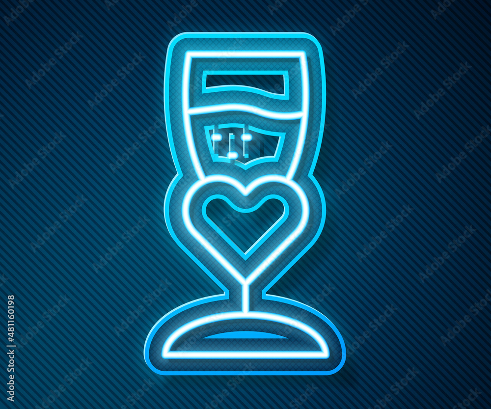 Glowing neon line Glass of champagne icon isolated on blue background. Happy Valentines day. Vector