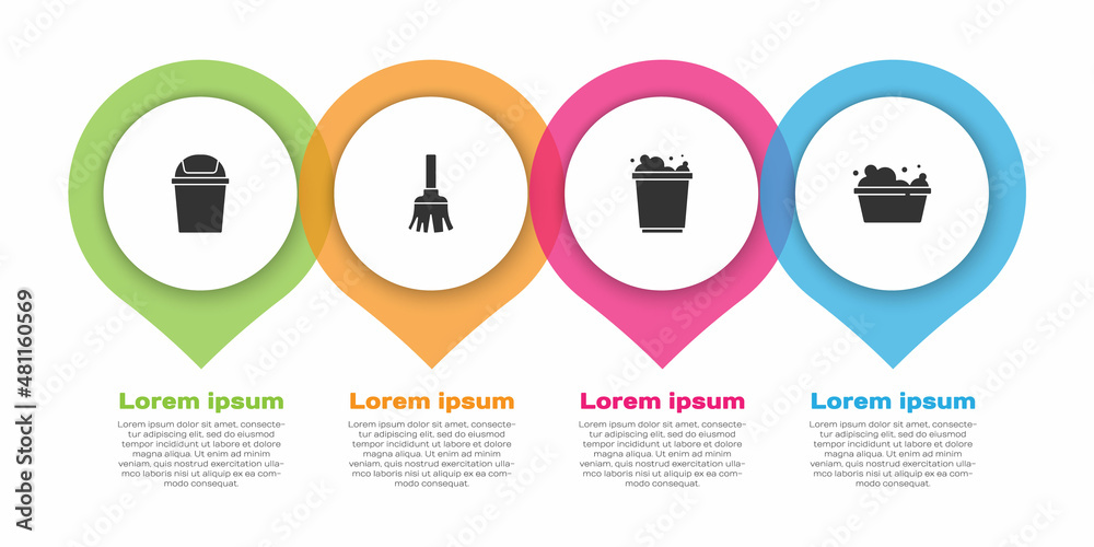 设置垃圾桶、羽毛扫帚、泡沫桶和洗手盆肥皂水。商业信息图模板.V