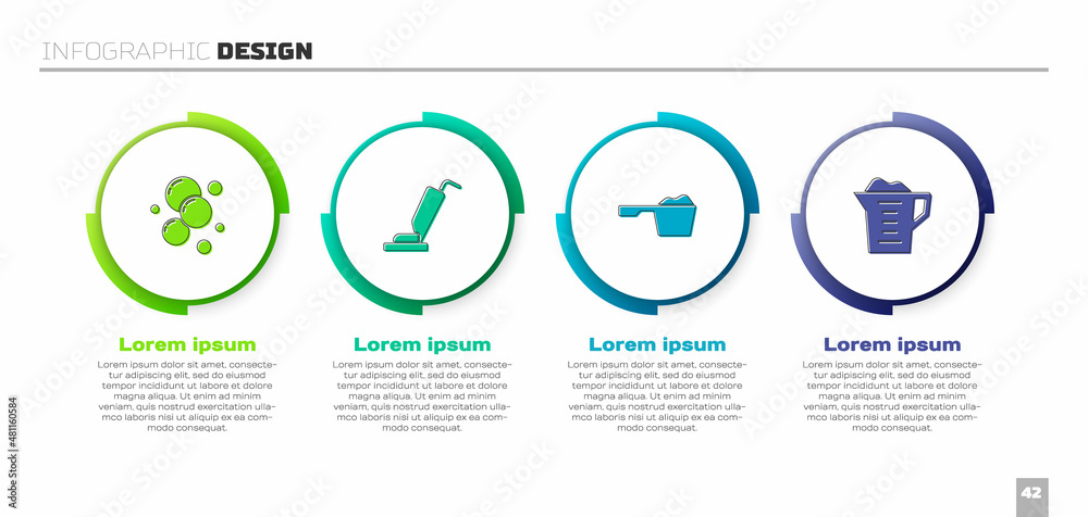 设置肥皂水气泡，吸尘器，洗衣粉和。商业信息图模板。矢量