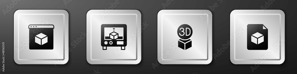 Set 3D printer, , Isometric cube and file icon. Silver square button. Vector