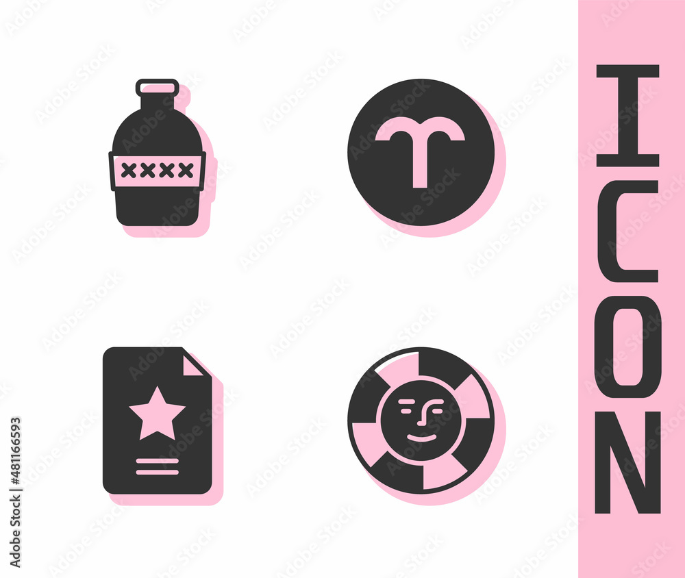 Set Sun, Bottle of water, Star constellation zodiac and Aries icon. Vector