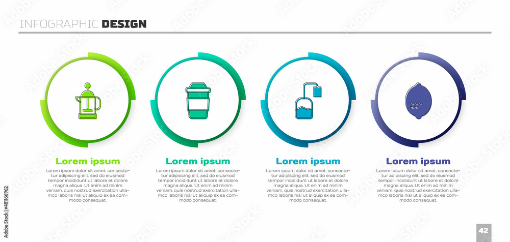 Set French press, Cup of tea, Tea bag and Lemon. Business infographic template. Vector