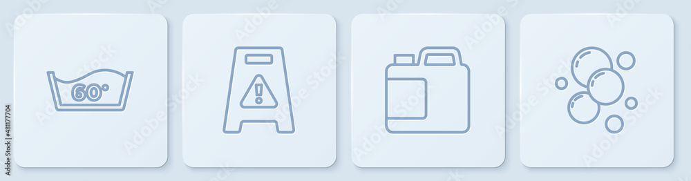设定线温度洗涤，清洗剂瓶，湿地板和肥皂水泡沫。白色正方形