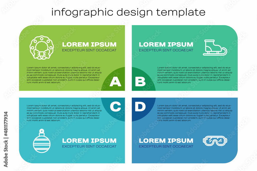 Set line Christmas ball, wreath, Ski goggles and Figure skates. Business infographic template. Vecto