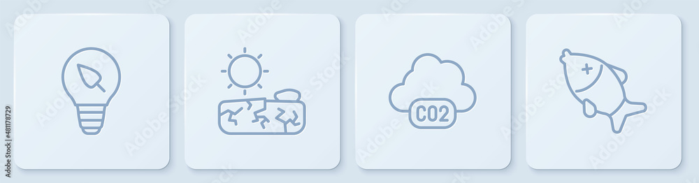 设置带叶子的灯泡，云中二氧化碳排放，干旱和死鱼。白色方形按钮。V