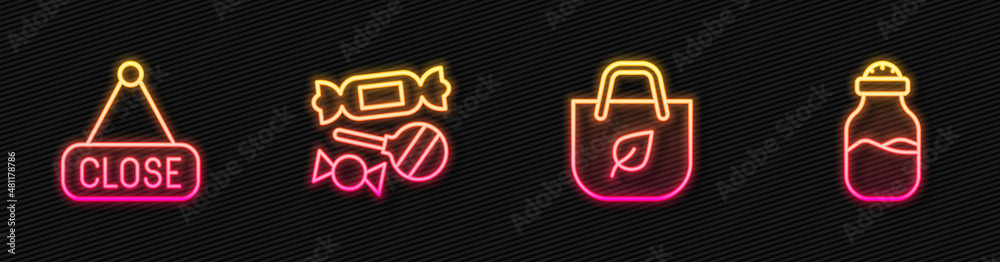 Set line Shopping bag with recycle, Hanging sign Closed, Candy and Spice can. Glowing neon icon. Vec