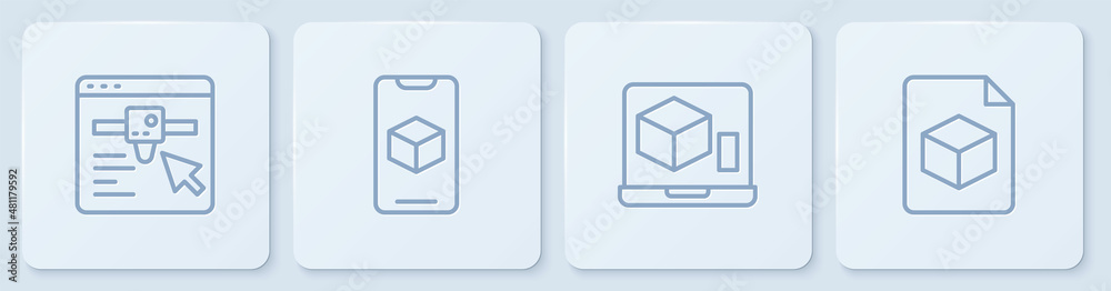 设置行3D打印机设置、软件和等轴测立方体文件。白色方形按钮。矢量