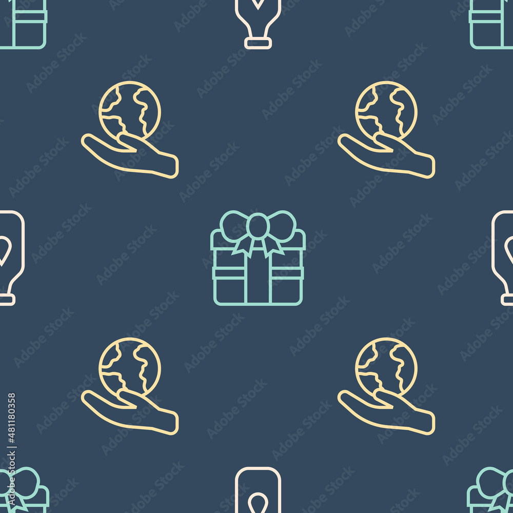 Set line Bottle of water, Hand holding Earth globe and Gift box on seamless pattern. Vector