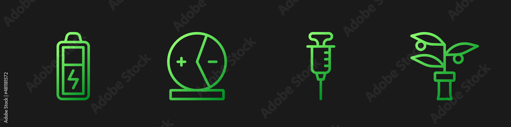 Set line Syringe, Battery, Atom and Plant breeding. Gradient color icons. Vector