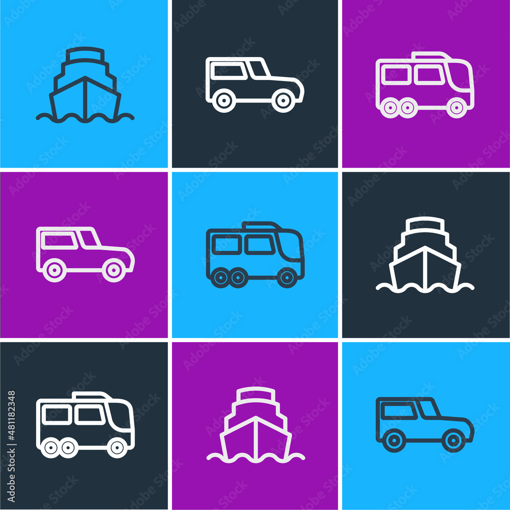 Set line Cruise ship, Bus and Car icon. Vector