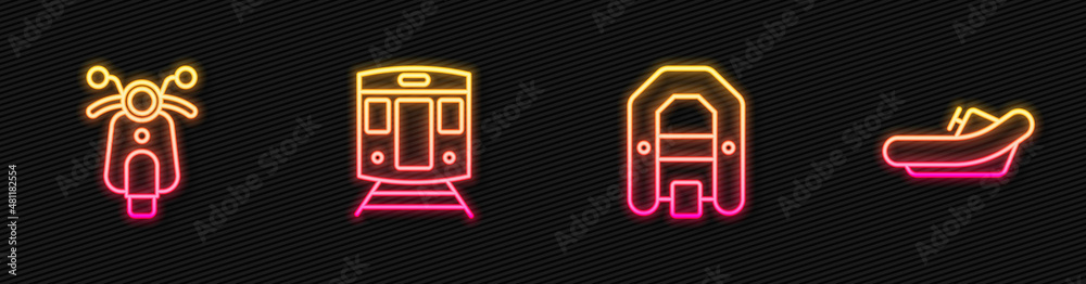划船、滑板车、火车和铁路以及。发光的霓虹灯图标。矢量