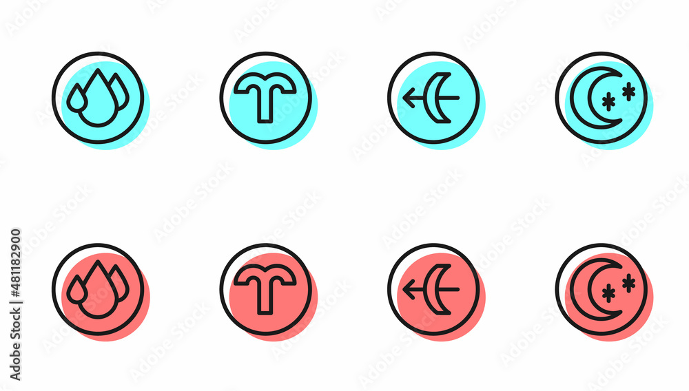 设定射手座黄道十二宫、水滴、白羊座、月亮和星星的图标。矢量