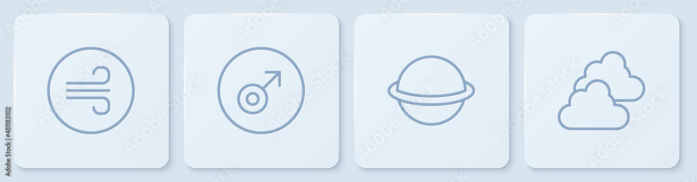 Set line Windy weather, Planet Saturn, Mars symbol and Cloudy. White square button. Vector