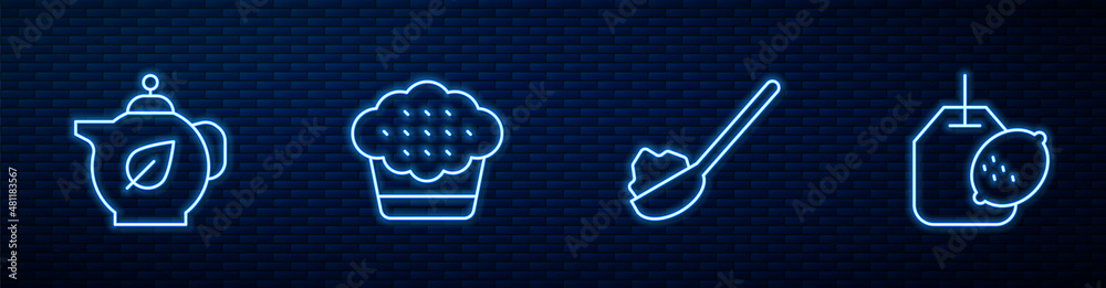 Set line Spoon with sugar, Teapot leaf, Muffin and bag lemon. Glowing neon icon on brick wall. Vecto