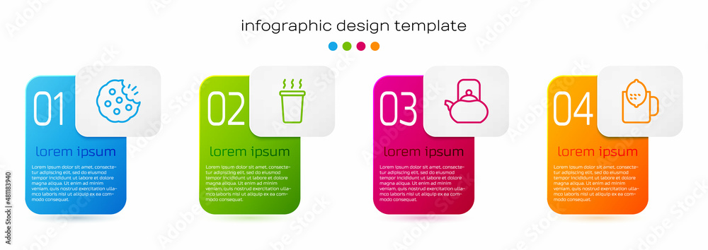 Set line Cookie or biscuit, Cup of tea, Kettle with handle and lemon. Business infographic template.