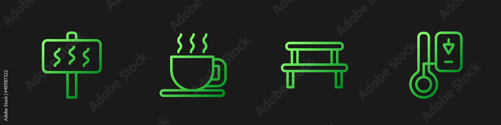 Set line Sauna wood bench, Cup of tea and thermometer. Gradient color icons. Vector