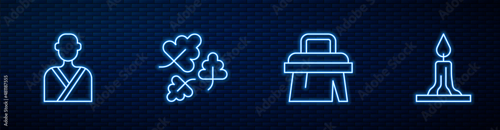 Set line Sauna brush, Man in the sauna, Oak leaf and Burning candle. Glowing neon icon on brick wall