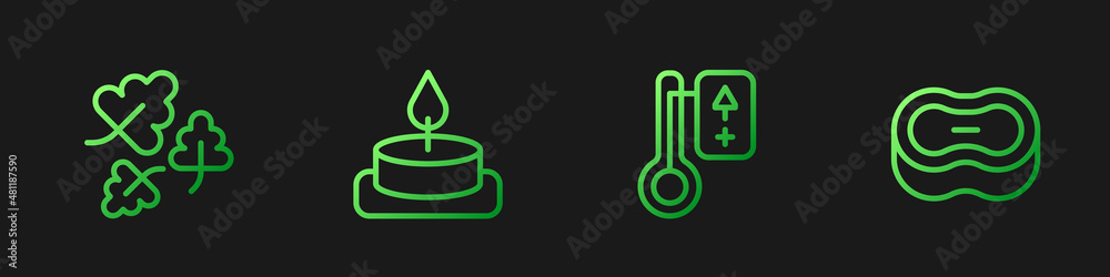 Set line Sauna thermometer, Oak leaf, Aroma candle and Bar of soap. Gradient color icons. Vector