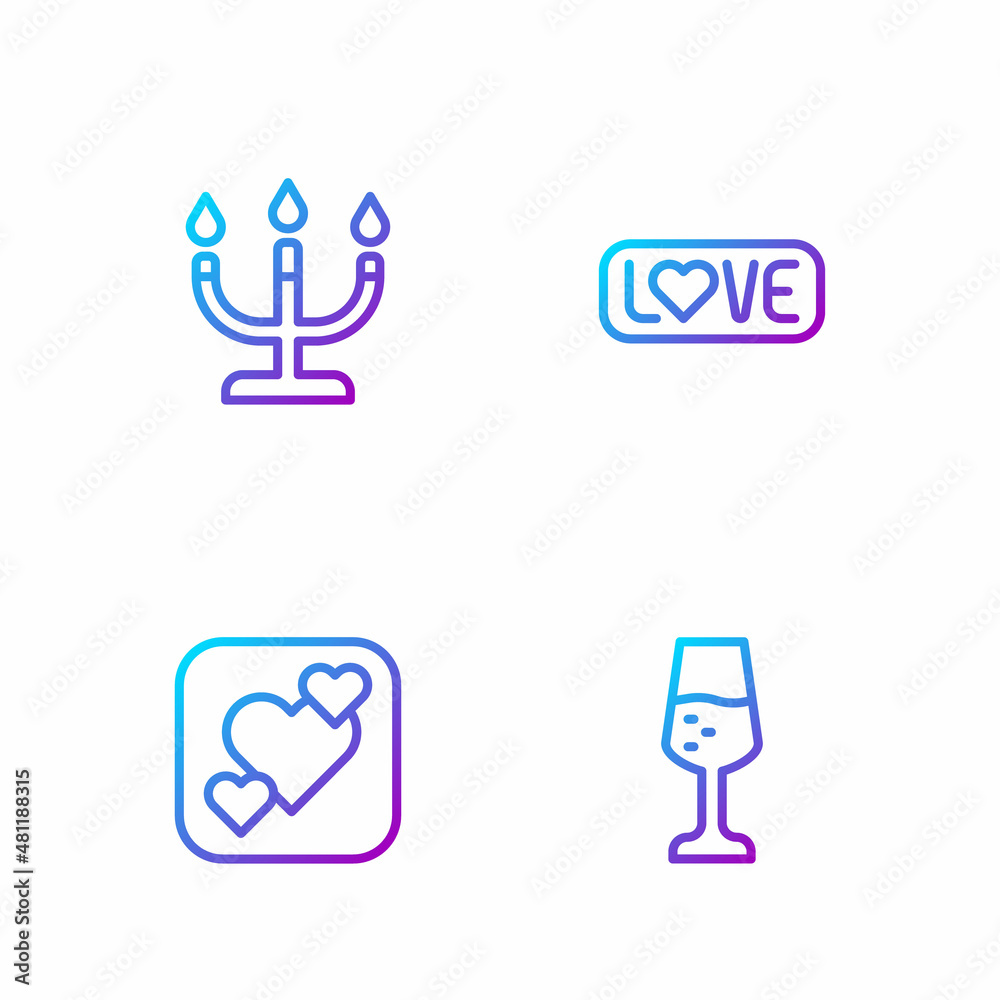 Set line Glass of champagne, Heart, Candlestick and Love text. Gradient color icons. Vector