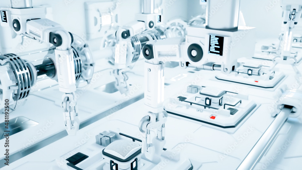 White mechanical robotic arms working in a sterile white environment, like a factory or a high-tech 