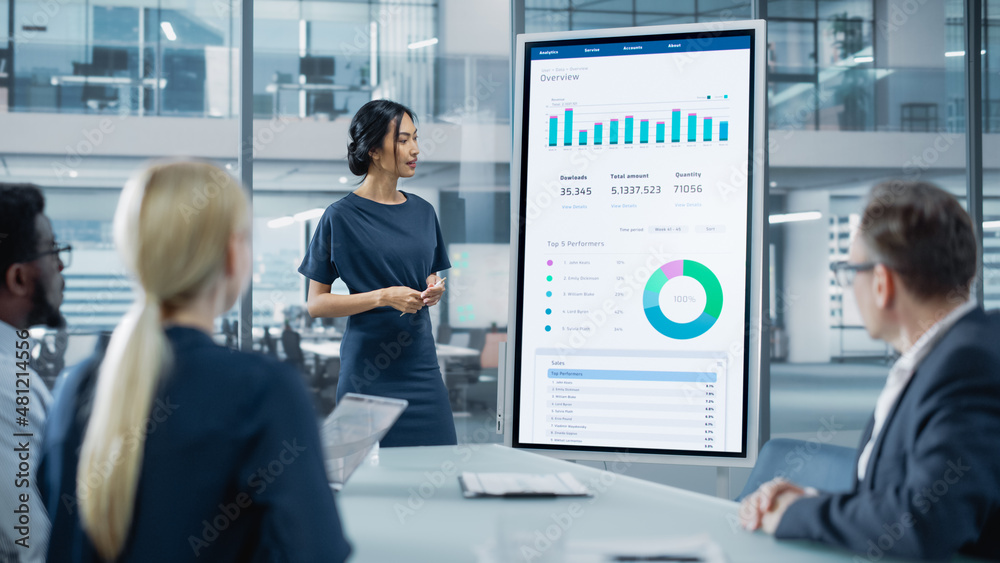 Female Operations Manager Holds Meeting Presentation for a Team of Economists. Asian Woman Uses Digi