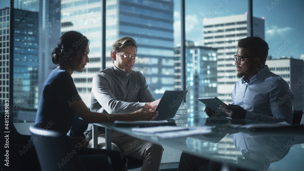 Multiethnic Diverse Office Conference Room Meeting: Team of Three Creative Entrepreneurs Talk, Discu