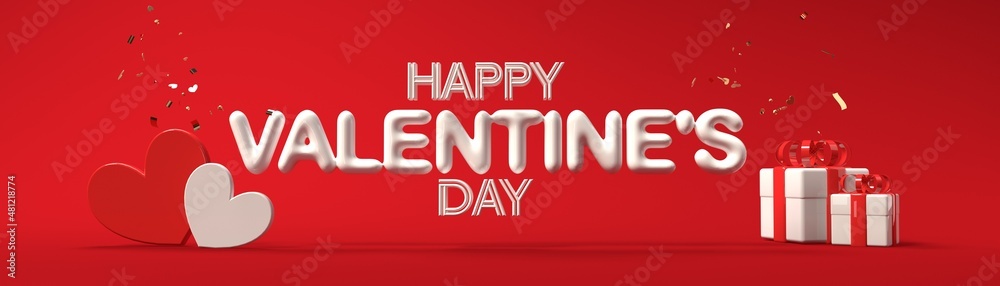 Happy Valentines Day message with hearts and gift boxes - 3D render