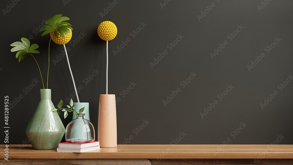 Mockup wooden shelf in living room interior on empty black wall background.