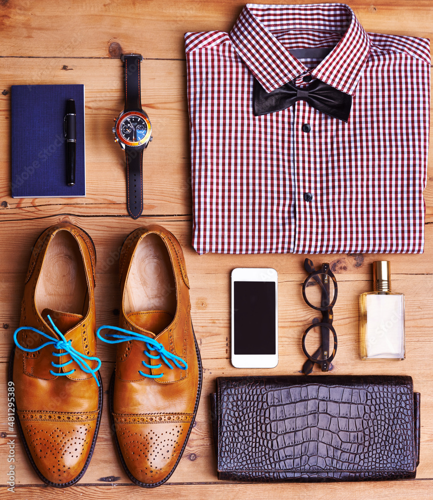 Ready for that smart casual look. High angle shot of personal accessories.