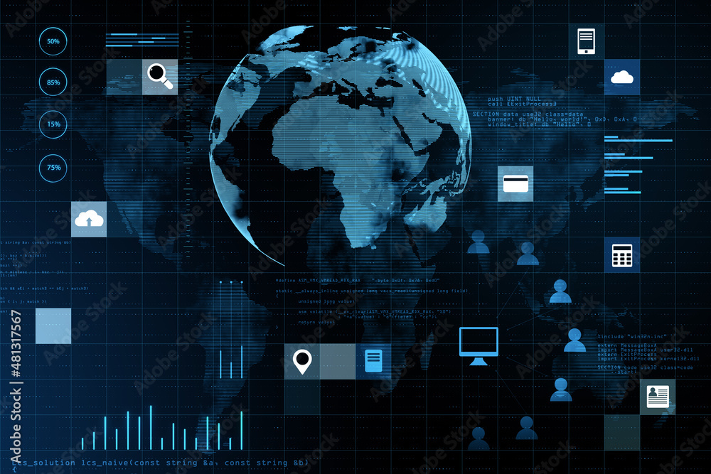 模糊黑暗背景上的抽象数字社交地球网格全息图。技术、数据、信息