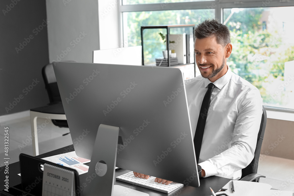 Handsome businessman working with computer at table in office