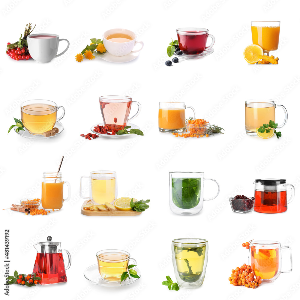 Assortment of healthy tea on white background