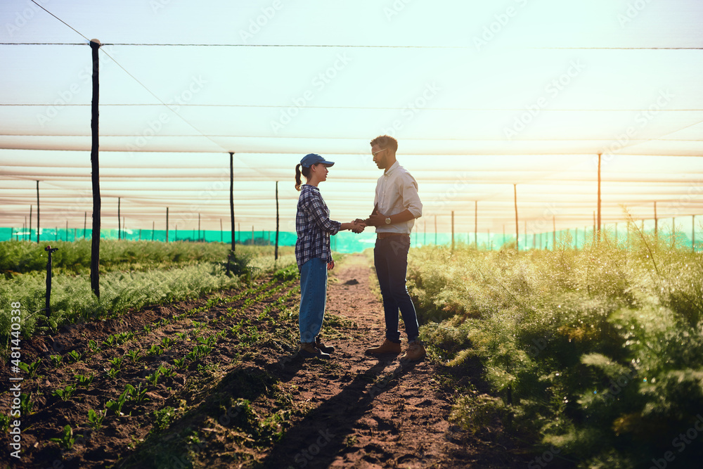 Youre doing a fantastic job. Full length shot of two young farmers shaking hands while working on t