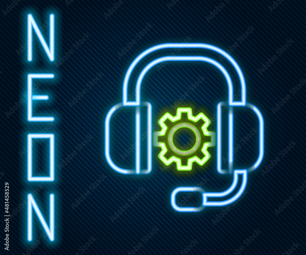 Glowing neon line Headphones icon isolated on black background. Support customer service, hotline, c