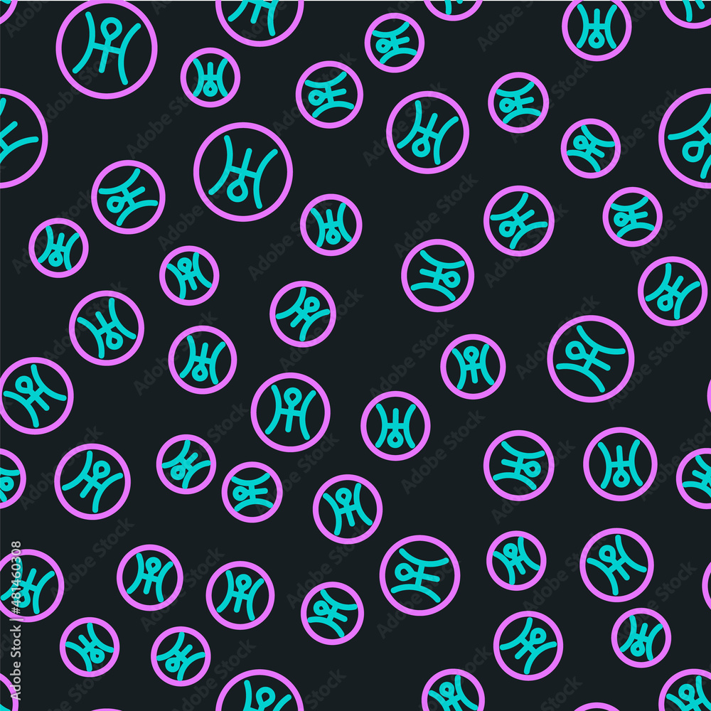 Line Ancient astrological symbol of Uranus icon isolated seamless pattern on black background. Astro