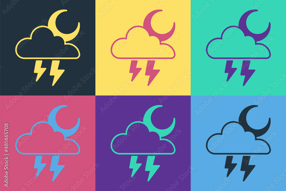 Pop art Storm icon isolated on color background. Cloud with lightning and moon sign. Weather icon of