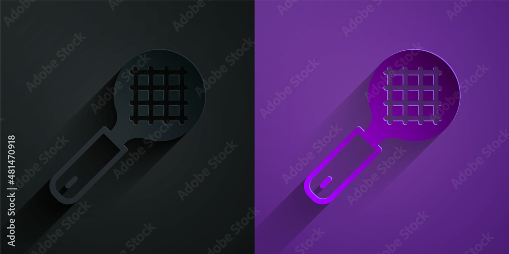 Paper cut Tea strainer with handle icon isolated on black on purple background. Metal sieve. Paper a