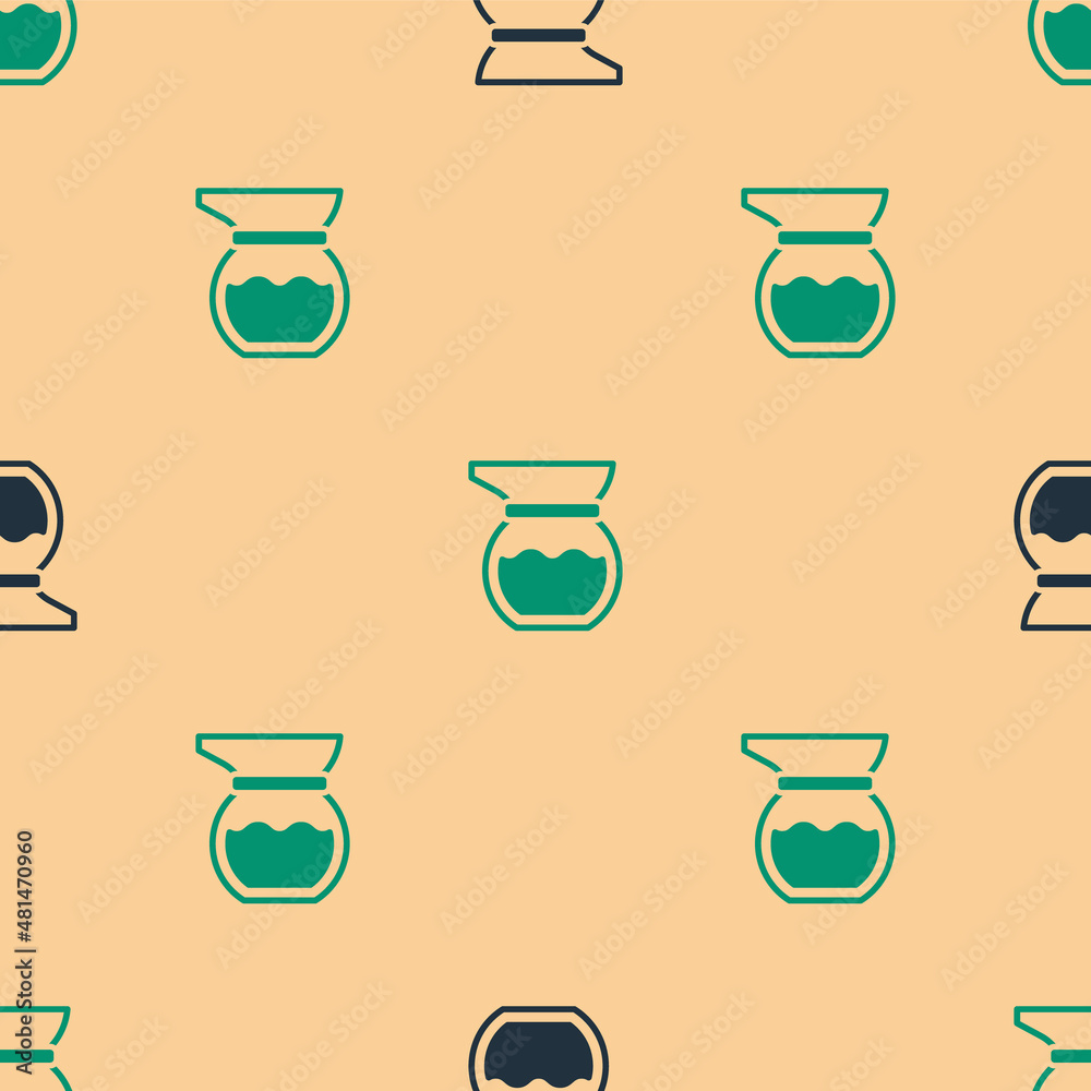 Green and black Teapot icon isolated seamless pattern on beige background. Vector