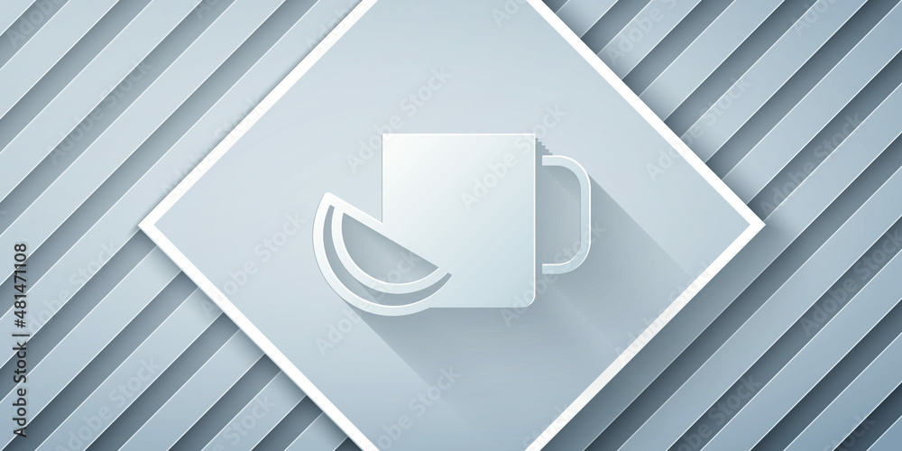 Paper cut Cup of tea with lemon icon isolated on grey background. Paper art style. Vector