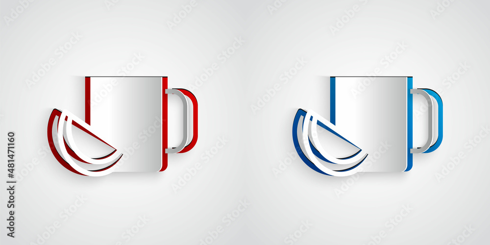 Paper cut Cup of tea with lemon icon isolated on grey background. Paper art style. Vector