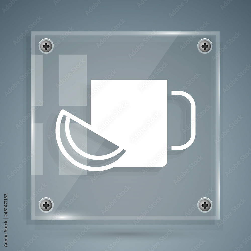 White Cup of tea with lemon icon isolated on grey background. Square glass panels. Vector