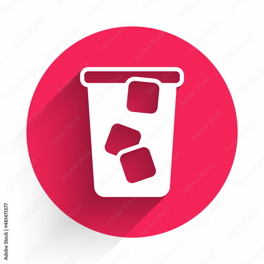 White Ice tea icon isolated with long shadow background. Iced tea. Red circle button. Vector